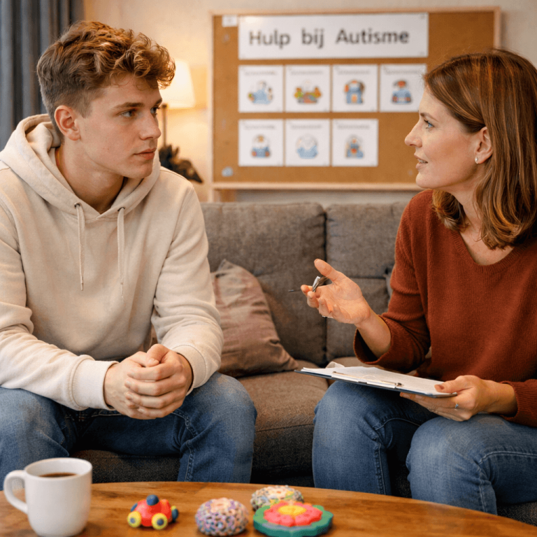 Jongen in gesprek met begeleidster.
