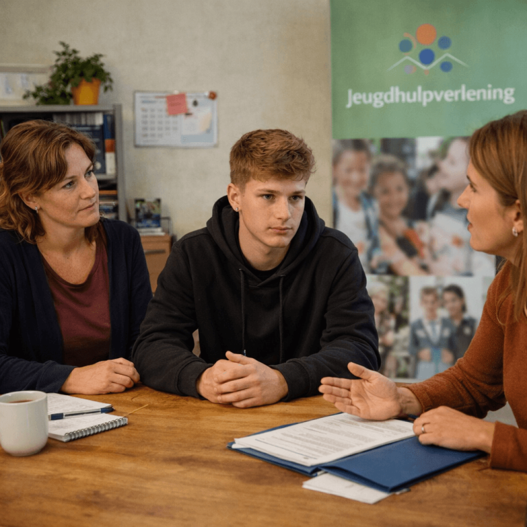 Een jongen en zijn moeder zijn in gesprek met een begeleidster.